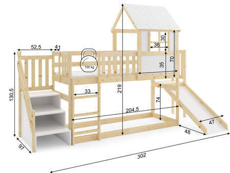 Poschodová posteľ so šmykľavkou, baldachýnom a schodmi - mezanín z prírodného dreva 90x200