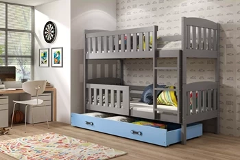 Poschodová posteľ KUBUŚ 90X190 s matracom a zásuvkou, grafit/modrá