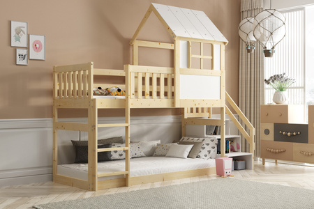 Poschodová posteľ so schodmi a baldachýnom - medziposchodie z prírodného dreva 90x200