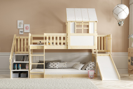 Poschodová posteľ so šmykľavkou, baldachýnom a schodmi - mezanín z prírodného dreva 90x200