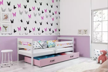 ERYK jednolôžková posteľ pre dospievajúcich 90x190 s matracom a zásuvkou, biela/ružová