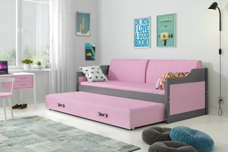 Výsuvná posteľ pre mladých DAWID 90X200 s matracom a zásuvkou, grafitová/ružová