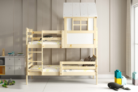 Poschodová posteľ domček s baldachýnom - Erik z prírodného dreva 90x190