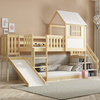 Poschodová posteľ so šmykľavkou, baldachýnom a schodmi - mezanín z prírodného dreva 90x200
