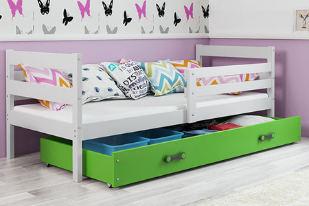 Jednolôžková posteľ pre mladých ERYK 80X190 s matracom a zásuvkou, biela/zelená