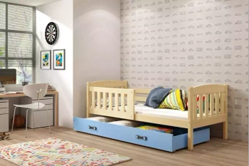 KUBUŚ 90X190 jednolôžková posteľ pre mladých so zásuvkou, borovicová/modrá