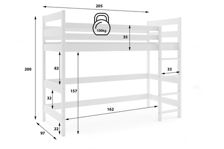Poschodová posteľ pre mladých - medziposchodie biela 90x200