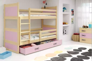 Juniorská poschodová posteľ 90x190 so zásuvkou - Rico borovica/ružová s matracom