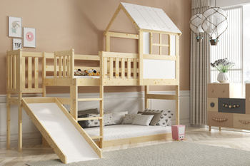 Poschodová posteľ so šmykľavkou - mezanín, domček z prírodného dreva 90x200