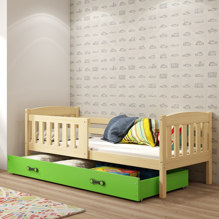 KUBUŚ 90X200 jednolôžková posteľ pre mladých s matracom a zásuvkou, borovicová/zelená