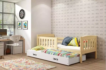 Výsuvná posteľ pre mladých KUBUŚ 90X190 s matracom a zásuvkou, borovicová/biela