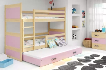 Juniorská trojmiestna posteľ RICO 90X190 s matracom a zásuvkou, borovicová/ružová