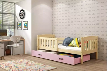 KUBUŚ 90X190 jednolôžková posteľ pre mladých s matracom a zásuvkou, borovicová/ružová