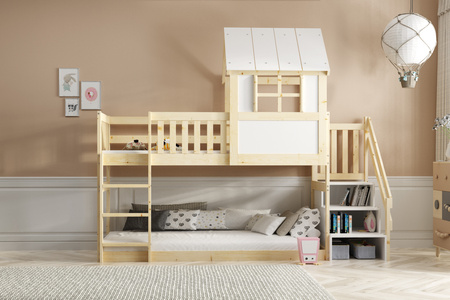Poschodová posteľ so schodmi a baldachýnom - medziposchodie z prírodného dreva 90x200