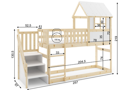 Poschodová posteľ so schodmi a baldachýnom - medziposchodie z prírodného dreva 90x200