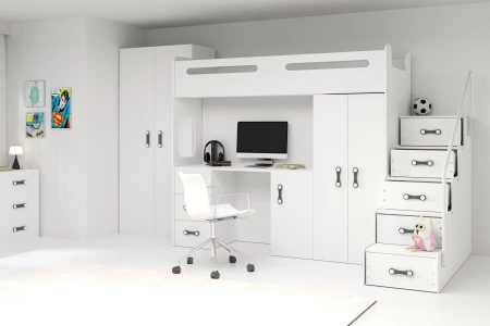 MAX 4 80X200 jednolôžková posteľ pre mladých s matracom a stolom, biela