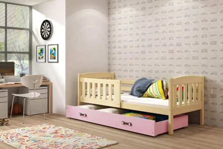 KUBUŚ 90X190 jednolôžková posteľ pre mladých s matracom a zásuvkou, borovicová/ružová