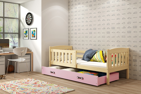 KUBUŚ 90X200 jednolôžková posteľ pre mladých so zásuvkou, borovicová/ružová