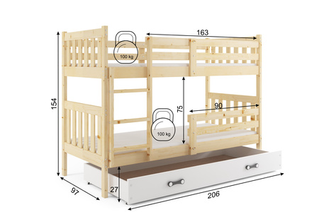 Juniorská poschodová posteľ KACPER 90X200 so zásuvkou, borovica/biela