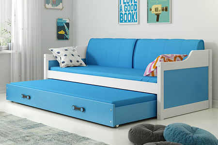 Výsuvná posteľ pre mladých DAWID 90X200 s matracom a zásuvkou, biela/modrá