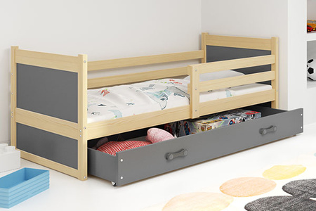 Jednolôžková posteľ pre mladých RICO 90X200 s matracom a zásuvkou, borovica/grafit