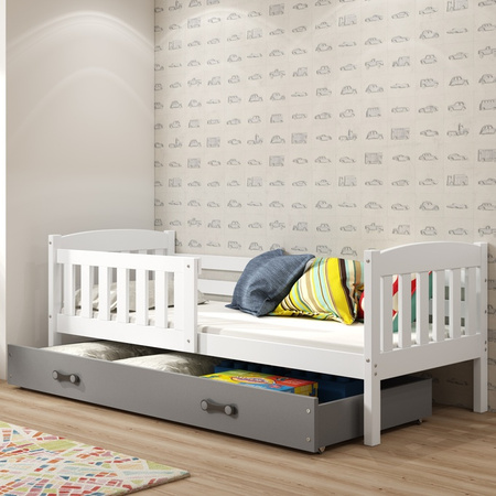 KUBUŚ 90X190 jednolôžková posteľ pre mladých s matracom a zásuvkou, biela/grafit