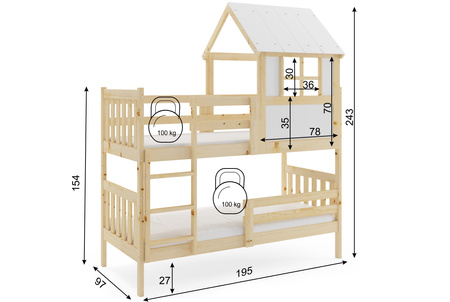 Poschodová posteľ s baldachýnom - Kacper z prírodného dreva 90x190