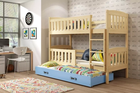 KUBUŚ 90X190 mládežnícka trojmiestna posteľ so zásuvkou, borovicová/modrá