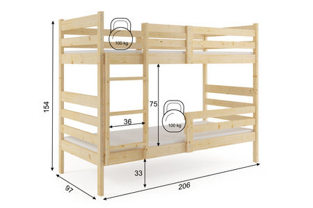 Poschodová posteľ pre mladých Erik 90X200, s matracom, prírodné drevo