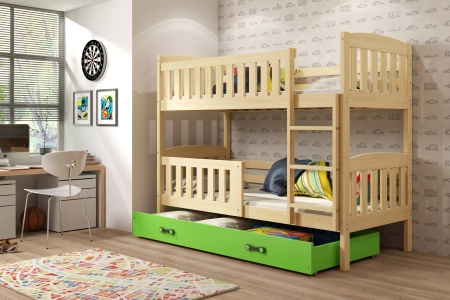 Juniorská poschodová posteľ KUBUŚ 90X200 s matracom a zásuvkou, borovicová/zelená