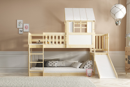 Poschodová posteľ so šmykľavkou - mezanín, domček z prírodného dreva 90x200