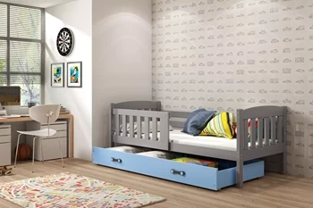 KUBUŚ 90X200 jednolôžková posteľ pre mladých s matracom a zásuvkou, grafit/modrá