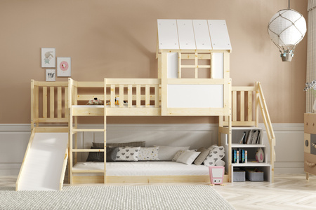 Poschodová posteľ so šmykľavkou, baldachýnom a schodmi - mezanín z prírodného dreva 90x200