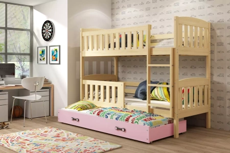 KUBUŚ 90X190 trojlôžková posteľ pre mladých s matracom a zásuvkou, borovicová/ružová