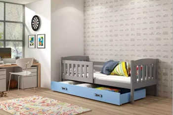KUBUŚ 90X190 jednolôžková posteľ pre mladých s matracom a zásuvkou, grafit/modrá