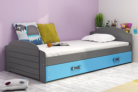 Jednolôžková posteľ pre mladých LILI 90X200 s matracom a zásuvkou, grafit/modrá