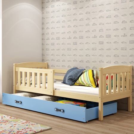 KUBUŚ 90X190 jednolôžková posteľ pre mladých so zásuvkou, borovicová/modrá