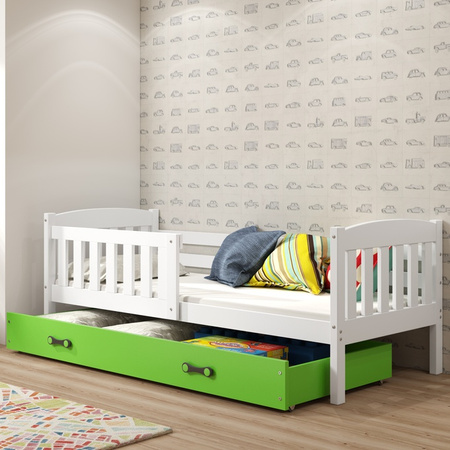 Detská jednolôžková posteľ KUBUŚ 80X160 s matracom a zásuvkou, biela/zelená
