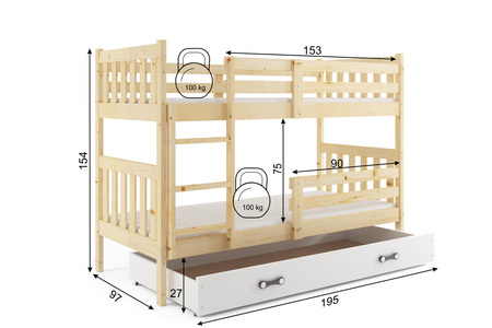 Juniorská poschodová posteľ KACPER 90X190 so zásuvkou, borovica/biela