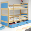 Juniorská poschodová posteľ RICO 90X200 s matracom a zásuvkou, borovicová/modrá