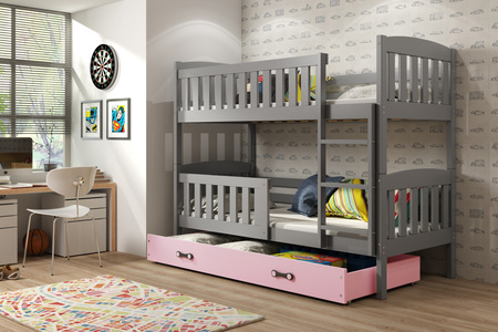 KUBUŚ 90X200 poschodová posteľ pre mladých s matracom a zásuvkou, grafitová/ružová