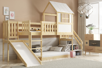 Poschodová posteľ so šmykľavkou, baldachýnom a schodmi - mezanín z prírodného dreva 90x200